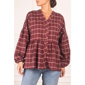 armonika Women's Red Six Shirred Sleeve Elastic Plaid Pattern Cachet Shirt