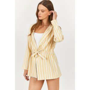 armonika Women's Mustard Striped Gathered Waist Oversize Jacket