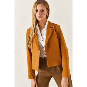 armonika Women's Camel Single Button Crop Jacket