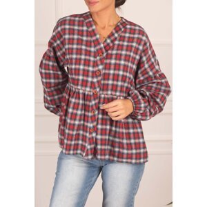 armonika Women's Light Navy Blue Six Shirred Sleeve Elastic Plaid Pattern Cachet Shirt