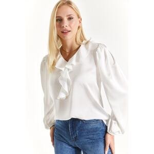 armonika Women's White Collar Frilly Cotton Satin Blouse with Ruffled Shoulder Pleated Sleeve Elasticated