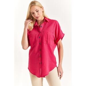 armonika Women's Fuchsia Double Pocket Detailed Back Robe Linen Shirt