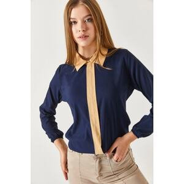 armonika Women's Navy Blue Striped Front Shirt Collar Elastic Sleeve Elastic Blouse