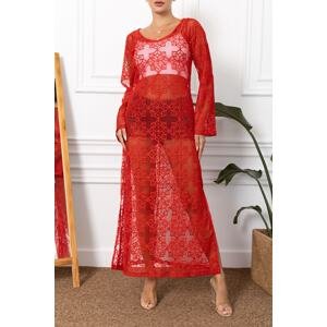 armonika Women's Red Side Slit Patterned Long Beach Dress