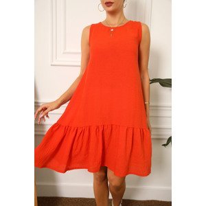 armonika Women's Orange Linen Look Textured Sleeveless Frilly Skirt Dress