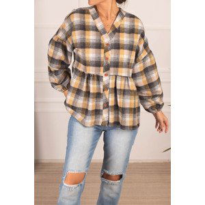 armonika Women's Yellow Six Shirred Sleeve Elastic Plaid Pattern Cachet Shirt