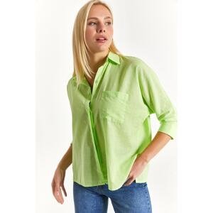 armonika Women's Neon Yellow Pocket Loose Linen Shirt