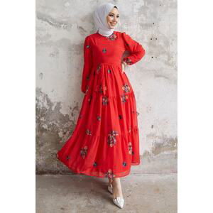 InStyle Vanes Flower Embroidery Chiffon Dress - Red