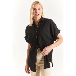armonika Women's Black Double Pocket Detailed Back Robe Linen Shirt