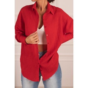 armonika Women's Red Oversize Textured Linen Look Wide Cuff Shirt