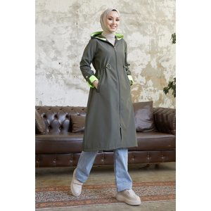 InStyle Hooded Neon Trench with Pleated Waist - Khaki \ Green