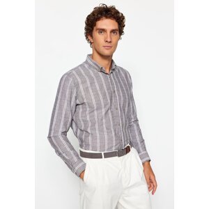 Trendyol Men's Khaki Slim Fit Buttoned Collar Thin Striped Shirt