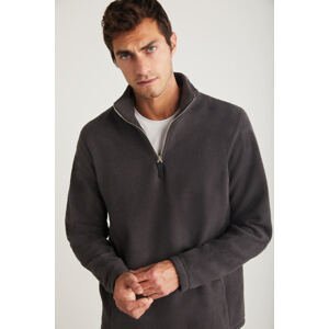 GRIMELANGE Hayes Men's Fleece Half Zipper Thick Textured Comfort Fit Smoked Fleece with Leather Accessories