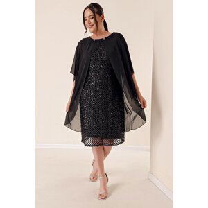 By Saygı Chiffon Cape Lined Stuffed Plus Size Dress Black