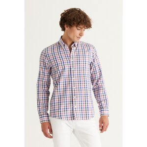 AC&Co / Altınyıldız Classics Men's White-Navy Blue Slim Fit Slim Fit Buttoned Collar Cotton Checkered Shirt