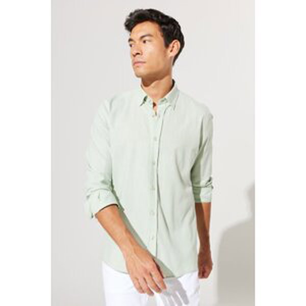 AC&Co / Altınyıldız Classics Men's A.Mint Slim Fit Slim Fit Oxford Buttoned Collar Linen-Look 100% Cotton Flared Shirt.