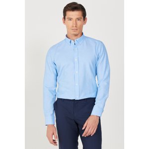 AC&Co / Altınyıldız Classics Men's Blue Button Collar Easy-Iron Cotton Slim Fit Narrow Cut Oxford Shirt