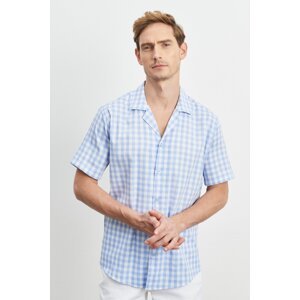 AC&Co / Altınyıldız Classics Men's White-blue Comfort Fit Comfortable Cut Monocollar Checked Short Sleeved Casual Shirt.