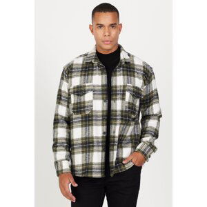 AC&Co / Altınyıldız Classics Men's Ecru Khaki Oversize Wide Cut Buttoned Collar Pocket Checkered Lumberjack Winter Shirt Jacket