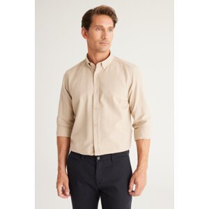 AC&Co / Altınyıldız Classics Men's Beige Button Collar Easy-Iron Cotton Slim Fit Narrow Cut Oxford Shirt