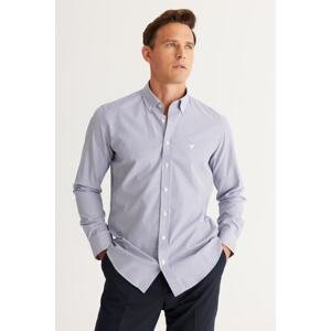 AC&Co / Altınyıldız Classics Men's Navy Blue-White Slim Fit Slim Fit Buttoned Collar Cotton Striped Shirt