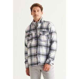 AC&Co / Altınyıldız Classics Men's Ecru Blue Oversize Wide Cut Buttoned Collar Pocket Checkered Lumberjack Winter Shirt Jacket