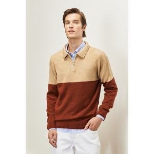 AC&Co / Altınyıldız Classics Men's Milk Brown-Timber Standard Fit Polo Neck Raised Soft Textured Knitwear Sweater