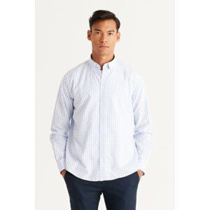 AC&Co / Altınyıldız Classics Men's White-Blue Comfort Fit Comfy Cut Buttoned Collar Cotton Check Shirt.