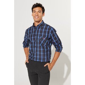 AC&Co / Altınyıldız Classics Men's Navy Blue Comfort Fit Relaxed Cut Buttoned Collar Checkered Cotton Shirt