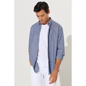 AC&Co / Altınyıldız Classics Men's Navy Blue Comfort Ft Comfy Cut Buttoned Collar Cotton Dobby Linen Shirt.