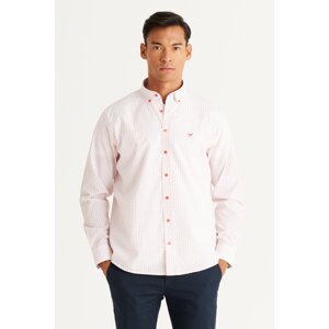 AC&Co / Altınyıldız Classics Men's White-Orange Comfort Fit Relaxed Cut Buttoned Collar Checkered Cotton Shirt