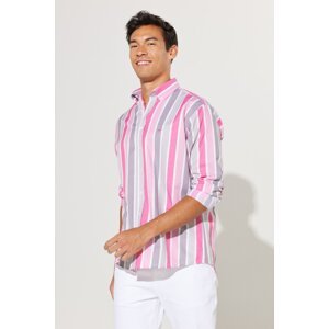 AC&Co / Altınyıldız Classics Men's Grey-Pink Comfort Fit Relaxed Cut Buttoned Collar Striped Cotton Shirt