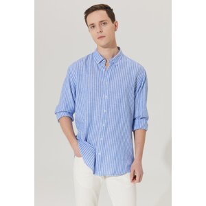ALTINYILDIZ CLASSICS Men's White-Navy Blue Comfort Fit Relaxed Cut Buttoned Collar Striped Linen Shirt