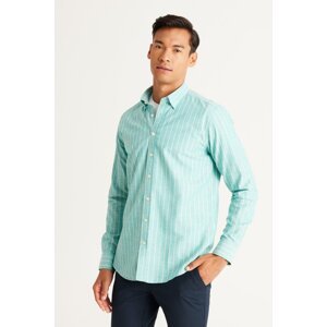 AC&Co / Altınyıldız Classics Men's Green-White Slim Fit Slim Fit Shirt with Hidden Buttons Collar 100% Cotton Striped Shirt