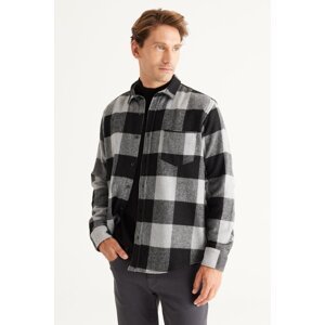 ALTINYILDIZ CLASSICS Men's Grey-black Comfort Fit Relaxed Cut Button Collar Plaid Patterned Flannel Shirt