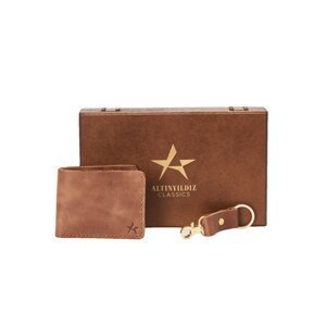 ALTINYILDIZ CLASSICS Men's Brown 100% Genuine Leather Wallet Keychain