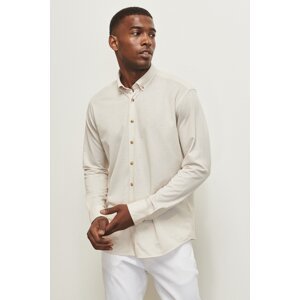 ALTINYILDIZ CLASSICS Men's Beige Slim Fit Slim-fit Oxford Buttoned Collar Pique Patterned Cotton Shirt.