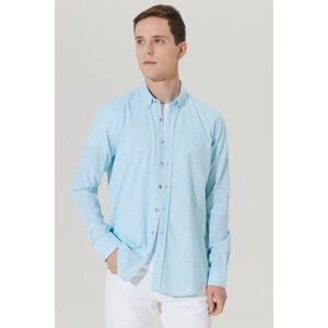ALTINYILDIZ CLASSICS Men's Turquoise Slim Fit Slim Fit Buttoned Collar Linen Look 100% Cotton Flamed Shirt