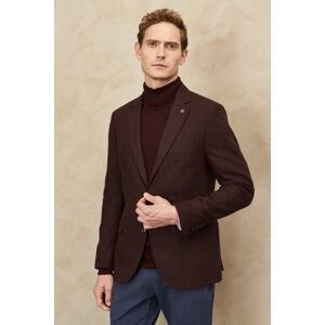 ALTINYILDIZ CLASSICS Men's Claret Red Slim Fit Narrow Cut Mono Collar Diagonal Patterned Woolen Jacket