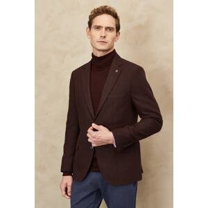 ALTINYILDIZ CLASSICS Men's Burgundy Slim Fit Slim Fit Mono Collar Diagonal Patterned Woolen Jacket