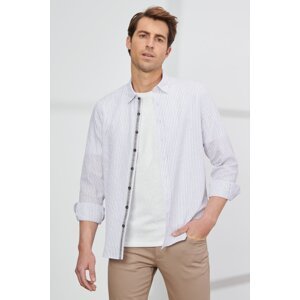 ALTINYILDIZ CLASSICS Men's White Brown Slim Fit Slim Fit Hidden Button Collar 100% Cotton Striped Shirt