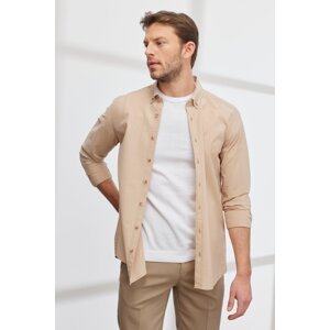ALTINYILDIZ CLASSICS Men's Beige Slim Fit Slim Fit Button-down Collar Cotton Shirt