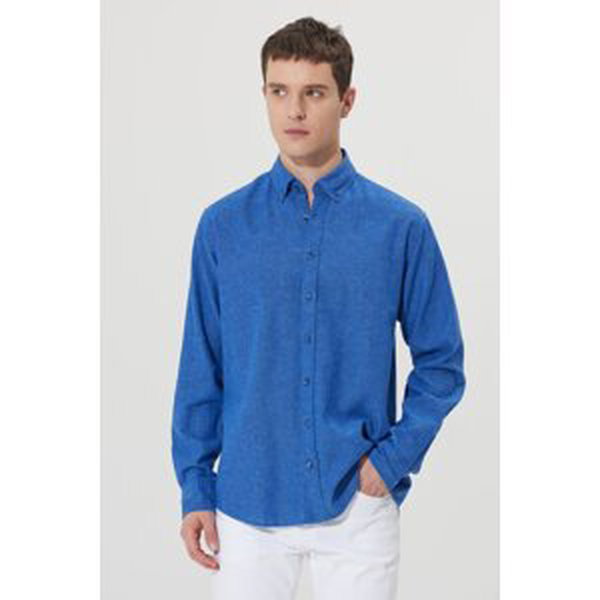 ALTINYILDIZ CLASSICS Men's Navy Blue Comfort Fit Comfortable Cut Buttoned Collar Linen Shirt