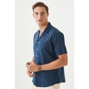 ALTINYILDIZ CLASSICS Men's Navy Blue Comfort Fit Relaxed Cut Mono Collar Short Sleeve Plain Linen Shirt