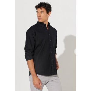 ALTINYILDIZ CLASSICS Men's Black Comfort Fit Comfortable Cut Buttoned Collar Linen Shirt