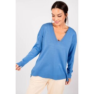 armonika Women's Blue V-Neck Front Short Rear Long Knitwear Sweater