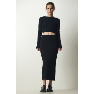 Happiness İstanbul Women's Black Ribbed Crop Knitwear Sweater Skirt Suit