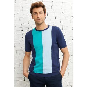 AC&Co / Altınyıldız Classics Men's Navy Blue Standard Fit Regular Cut Crew Neck 100% Cotton Striped Knitwear T-Shirt