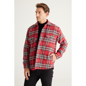 AC&Co / Altınyıldız Classics Men's Red Oversize Wide Cut Buttoned Collar Plaid Winter Shirt Jacket