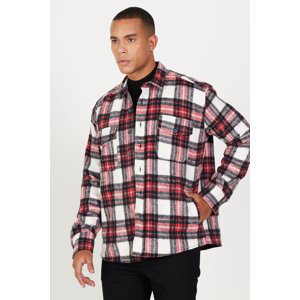 AC&Co / Altınyıldız Classics Men's Ecru Red Oversize Wide Cut Buttoned Collar Pocket Checkered Lumberjack Winter Shirt Jacket